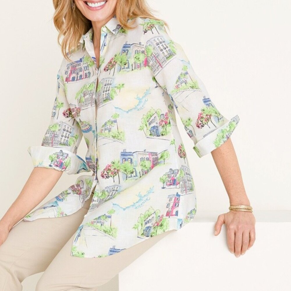 Chico's Women's No-Iron Linen Southern Charm-Print Tunic sz 6 Button Down 3/4 S